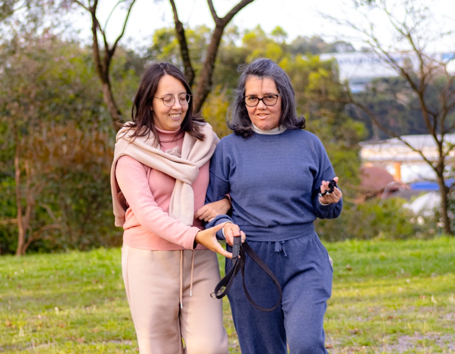 Two elderly women walking together with arms linked, smiling