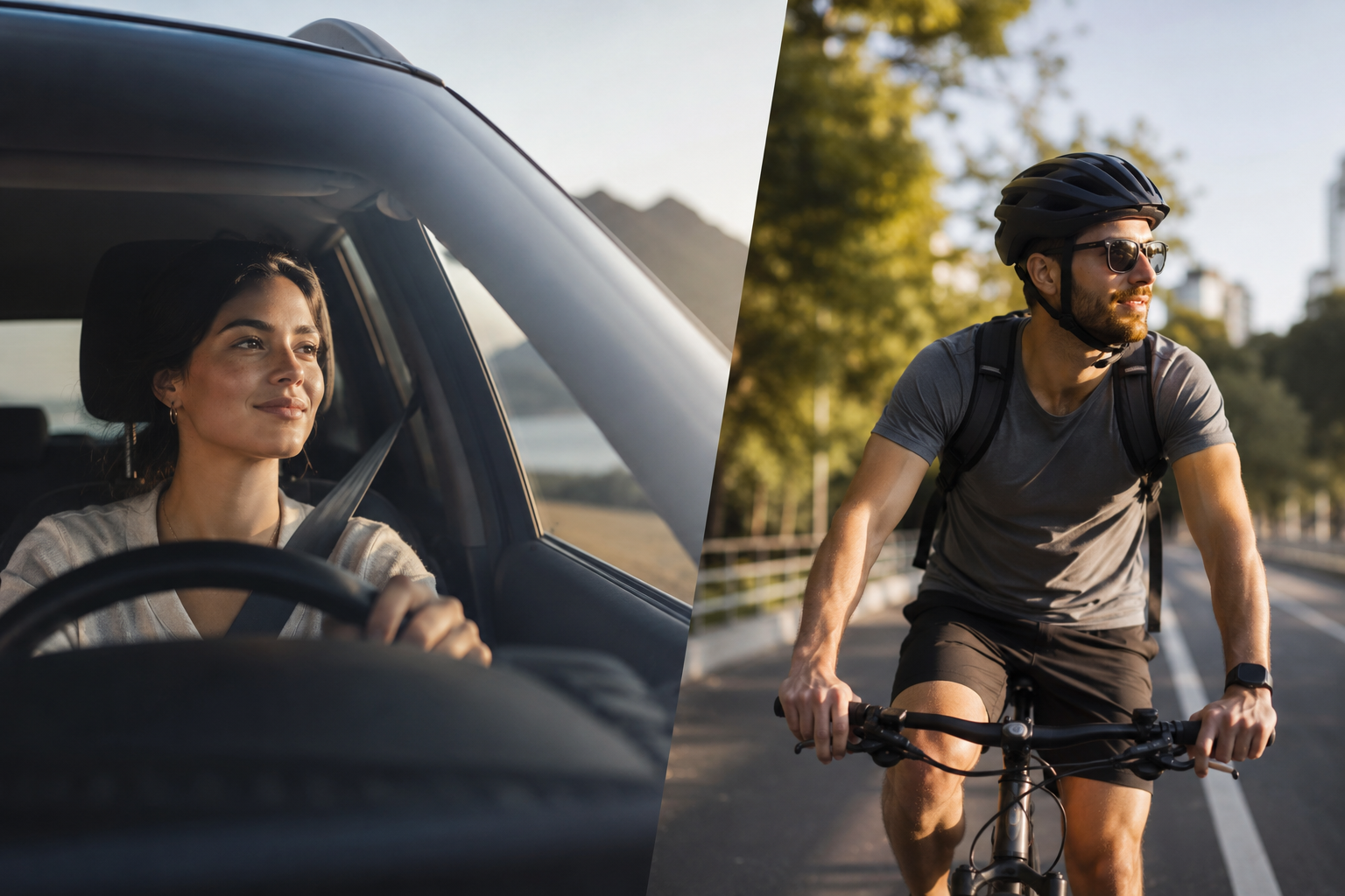 A woman driving and a man cycling outdoors, both using LifeLyne.fit's Patient App